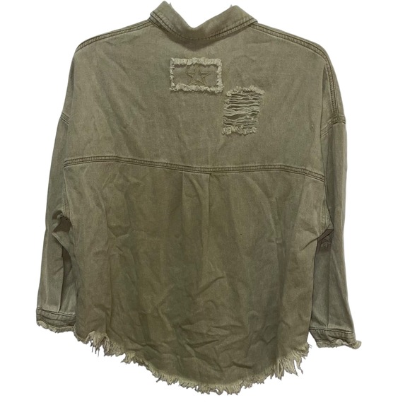 The Post Distressed Denim Jacket Khaki Green Raw Hem Pockets Button Front Size S - Picture 7 of 8
